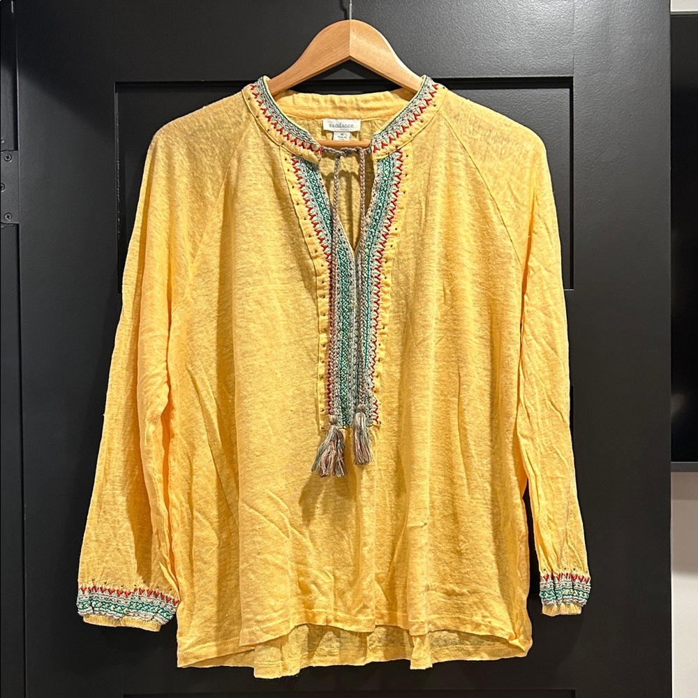 Sundance size Med 100% Linen Yellow Embroidered Women's Top